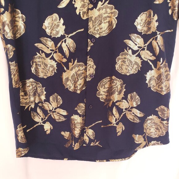 Suslo Red Collection Comfort Stretch Slim Fit Navy Blue and Gold Shiny Shirt XL - Picture 8 of 16